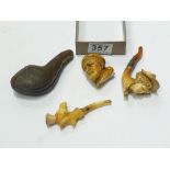 THREE CARVED MEERSCHAUM PIPES, ONE IN ORIGINAL CASE. THE LARGEST IS 10 CM IN LENGTH. AF