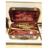 A CONN DIRECTOR CORNET WITH HOLTON GALAXY MOUTHPIECE, IN ORIGINAL CASE. APPROX 43.5 CM IN LENGTH