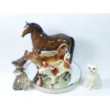 SIX ASSORTED CERAMIC FIGURES INCLUDING A BESWICK HORSE AND A GOEBEL COW CREAMER JUG