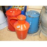 THREE ENAMELLED STORAGE CONTAINERS, 2 RED AND ONE BLUE, TALLEST 43 CM.