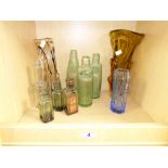 COLLECTION OF GLASS ITEMS, VICTORIAN BOTTLES & MID CENTURY GLASS VASES