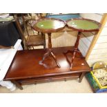 TWO TRIPOD WINE TABLES WITH LEATHERETTE TOPS AND A LARGE COFFEE TABLE WITH 2 DRAWERS, 110CM WIDE