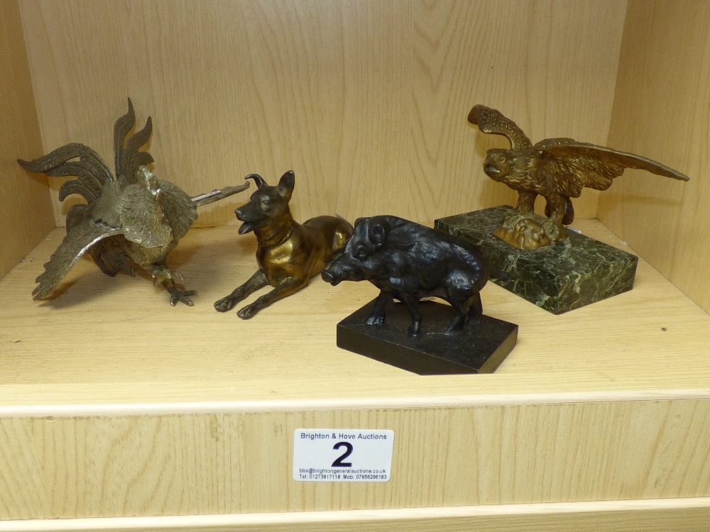 4 X CAST METAL FIGURES INCLUDING AN EAGLE, DOG, COCKEREL AND A WILD BOAR