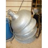 FOUR LARGE ROUND GALVANISED METAL HANGING LIGHTS, 44 CM IN DIAMETER