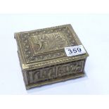 A GILT BRASS RECTANGULAR CIGARETTE BOX WITH EMBOSSED DECORATION THROUGHOUT, 14 CM WIDE.