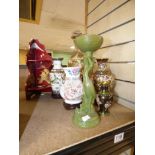 COLLECTION OF ORIENTAL 20TH CENTURY CERAMICS, VASES, CLOISONNE, RESIN CRANE AND A DISPLAY SHELF