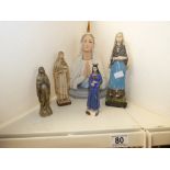 5 X RELIGIOUS FIGURES INC ST THERESA, ST BERNADETTE, MADONNA