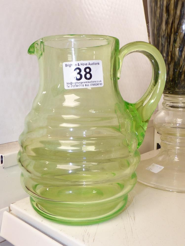 DECO STYLE GREEN (WHITEFRIARS?) GLASS VASE AND A LARGE DECORATIVE VASE - Image 2 of 2