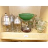 COLLECTION OF DECO STYLE GLASS, INCLUDING GLASSES, A JUG SET, TAZZA AND STORAGE JARS