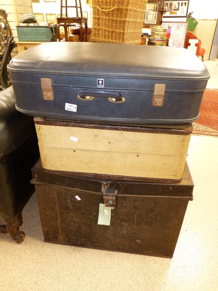 TIN STORAGE TRUNK AND 2 SUITCASES - Image 2 of 2