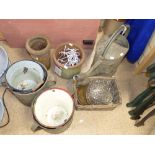 ASSORTED ITEMS INCLUDING A GALVANISED WATERING CAN, METAL AND ENAMEL BUCKETS