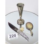 MINIATURE SILVER HAND MIRROR, A PAPER KNIFE AND EASTERN SILVER VASE