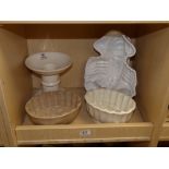 3 X CERAMIC JELLY MOULDS AND A MASONS MEAT STAND