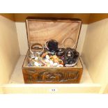 BOX OF COSTUME JEWELLERY IN CHINESE CARVED BOX
