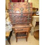 A RUSTIC DESIGN PINE SIDE TABLE AND A TRIANGULAR BOX