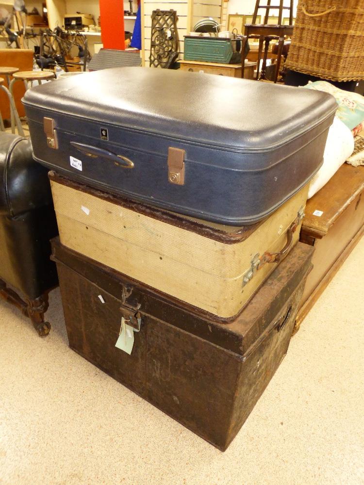 TIN STORAGE TRUNK AND 2 SUITCASES