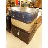 TIN STORAGE TRUNK AND 2 SUITCASES