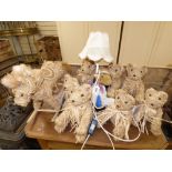7 STRAW TEDDY BEARS AND A STRAW ROCKING HORSE
