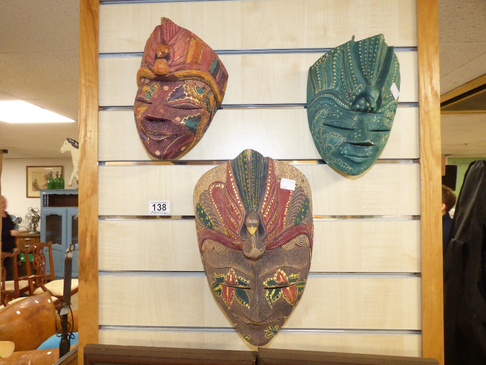 3 X WALL HANGING ASIAN ORNATE PAINTED WOODEN MASKS