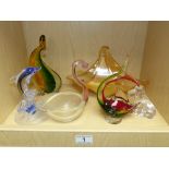 ITALIAN GLASS BASKET SHAPED VASE + 5 GLASS ANIMAL FIGURES