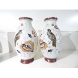 A PAIR OF LATE VICTORIAN OPALINE GLASS VASES DECORATED WITH BIRDS AND FLOWERS - 28 CM TALL