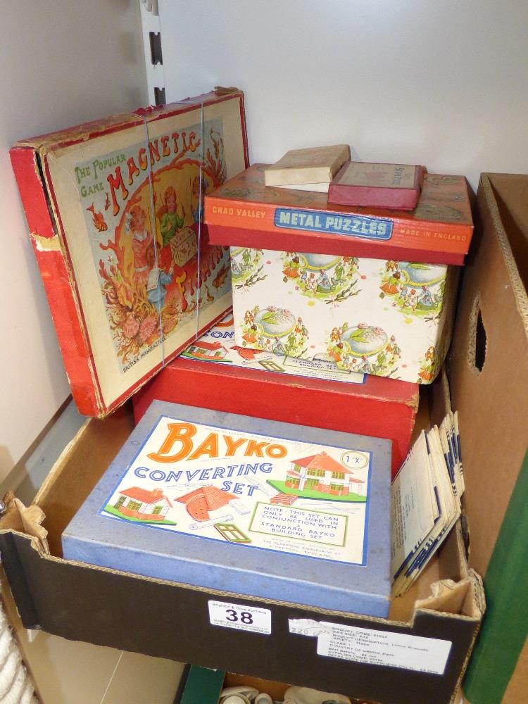 TWO BAYKO SETS, A MAGNETIC FISHING GAME AND PUZZLES ETC