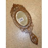 AN EARLY 20TH CENTURY SORRENTO WARE HAND MIRROR, THE REVERSE DEPICTING A PEASANT MAN AND LADY, 38 CM