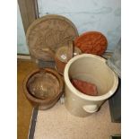 A DOULTON STONEWARE WATER FILTER, A COOPERED OAK PLANTER, WATER CAN AND 2 EMBOSSED GARDEN PLAQUES