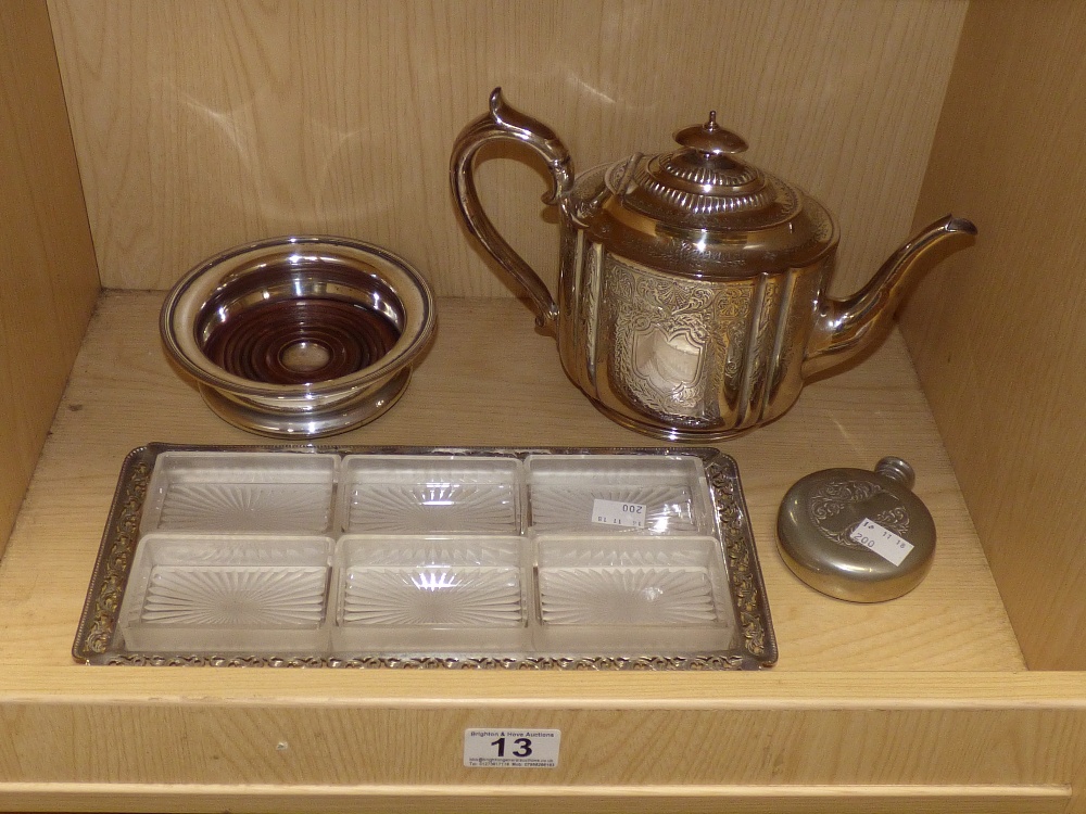 A SILVER PLATED TEAPOT, BOTTLE COASTER, HIP FLASK AND HORS D'OEUVRES TRAY (AF)