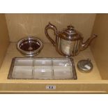 A SILVER PLATED TEAPOT, BOTTLE COASTER, HIP FLASK AND HORS D'OEUVRES TRAY (AF)
