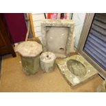 A STONE BOTTLE SUITE AND A STONE BIRD BATH