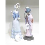 TWO LLADRO FIGURES, A GIRL HOLDING A PARASOL (AF) (32 CM) AND ANOTHER OF A GEISHA (30 CM)