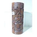 EARLY 20TH CENTURY ORIENTAL BAMBOO BRUSH POT WITH CARVED FIGURE AND BOAT DECORATION - 27 CM TALL