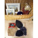 A CERAMIC TEDDY BEAR, WICKER BASKET AND MORE