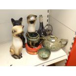 FOSTERS POTTERY 3 PIECE TEA SET, CERAMIC CAT FIGURES, TABLE LAMP AND TIN