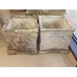 A PAIR OF RECONSTITUTED STONE SQUARE PLANTERS, 48 CM TALL