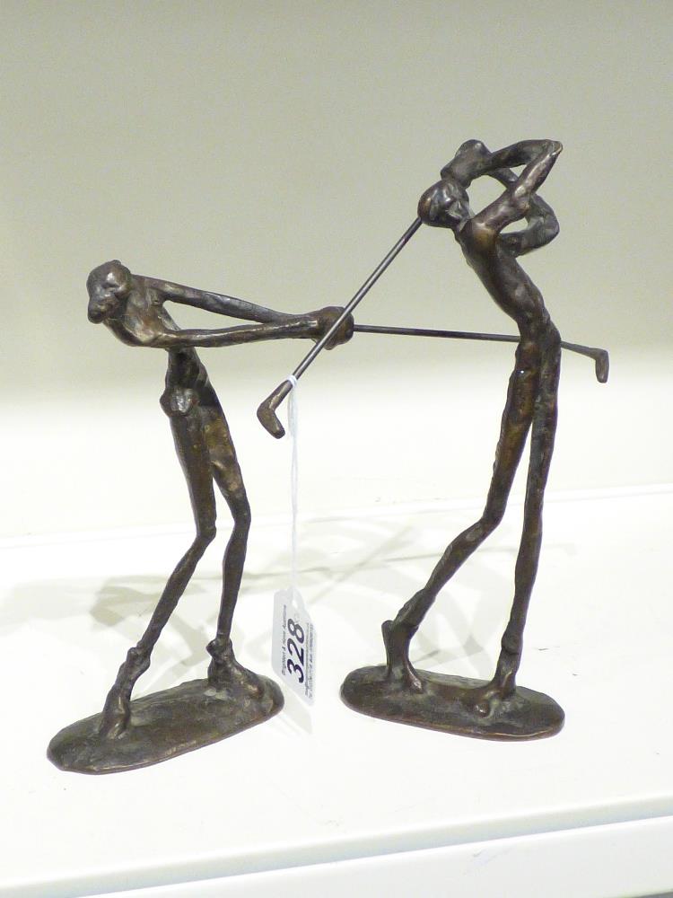 TWO 20TH CENTURY BRONZE SCULPTURES OF GOLFERS (24 CM)