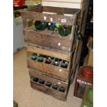 3 FRENCH VINTAGE WOODEN BOTTLE CRATES AND BOTTLES