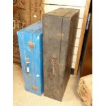 TWO WOODEN TOOL BOXES, ONE BLUE AND THE OTHER BLACK, LARGEST 78 CM WIDE