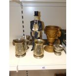 A PAIR OF SILVER PLATED TANKARDS, LAMP BASE AND MORE