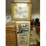 INDONESIAN STUDY OF HORSES (48 x 36CM) AND 2 STUDIES OF BOATS AND A BEACH HUT