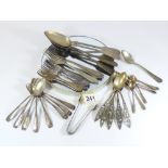 ASSORTED SILVER AND PLATED CUTLERY INCLUDING 800 GRADE SPOONS, SHEFFIELD SILVER SUGAR TONGS AND