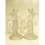 A PAIR OF 1930's GLASS FIGURAL CANDLE STICKS - 26 CM TALL
