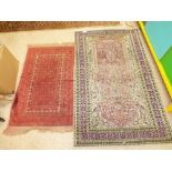 A PINK PERSIAN PRAYER MAT 154CM BY 95CM AND A SMALLER RUG 104CM BY 67CM