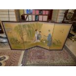 A THREEFOLD SCREEN DEPICTING THREE WOMEN IN TRADITIONAL ORIENTAL DRESS 89CM HIGH