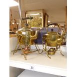 TWO BRASS KETTLES ON STANDS WITH BURNERS