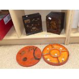 TWO ORIENTAL LACQUERED WOOD BOXES AND ROUND DISH