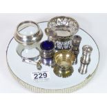 A SILVER 3 PIECE CONDIMENT SET, TOGETHER WITH A SILVER BONBON DISH AND 2 OTHER ITEMS