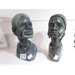 TWO ZIMBABWEAN VERDITE STONE HEADS OF A MALE AND A FEMALE, ONE SIGNED ISSAC '79, LARGEST 22 CM TALL