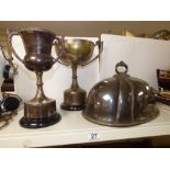 TWO SILVER PLATE TROPHIES AND A TUREEN LID